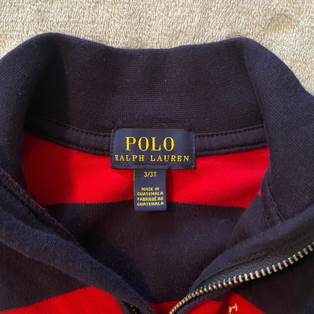 Polo Ralph Lauren Pullover Kids 3T Red Navy Blue Striped Quarter Zip Cotton Pony - Picture 5 of 8